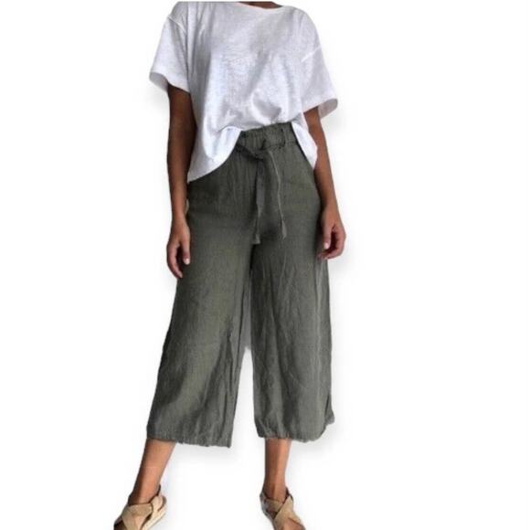 Anthropologie Pants - Anthropologie Cloth&Stone Green Linen Wide Leg Cropped Paperbag Waist Pants Sz.M